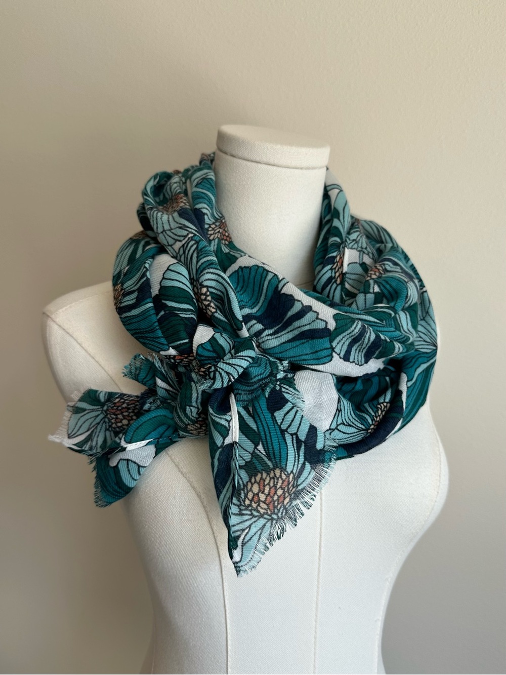 Floral Print Teal, Navy, and White Lightweight Scarf Women's Accessory